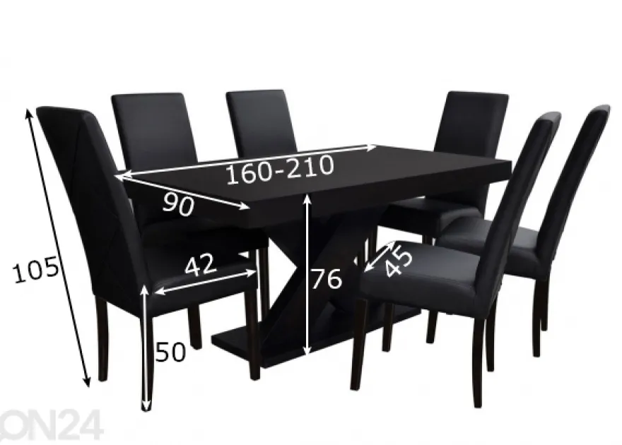 Jatkettava ruokapöytä 90x160-210 cm + 6 tuolia