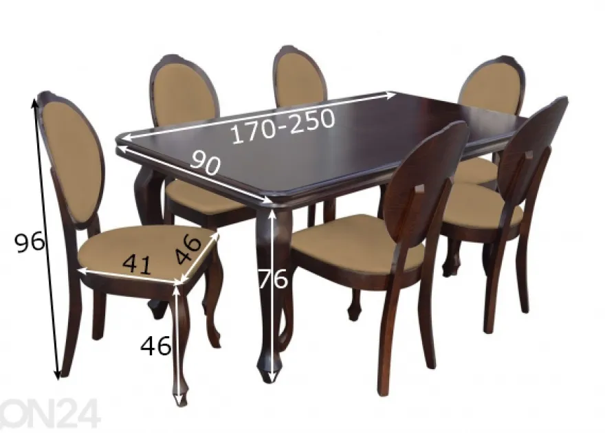 Jatkettava ruokapöytä 90x170-250 cm + 6 tuolia