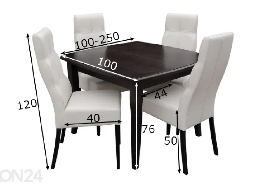 Jatkettava ruokapöytä 100x100-250 cm + 4 tuolia