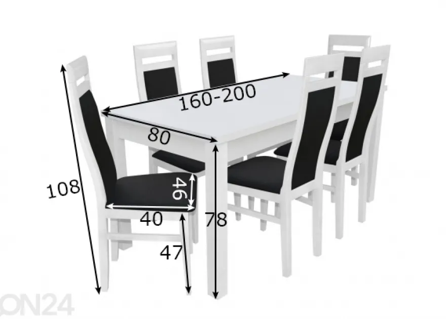 Jatkettava ruokapöytä 80x160-200 cm + 6 tuolia