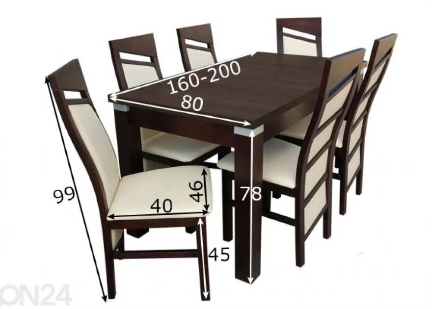 Jatkettava ruokapöytä 80x160-200 cm + 6 tuolia