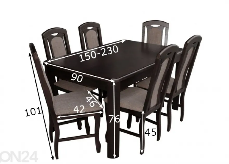 Jatkettava ruokapöytä 90x150-230 cm + 6 tuolia