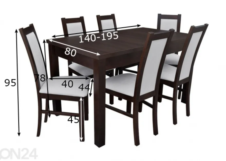 Jatkettava ruokapöytä 80x140-195 cm + 6 tuolia