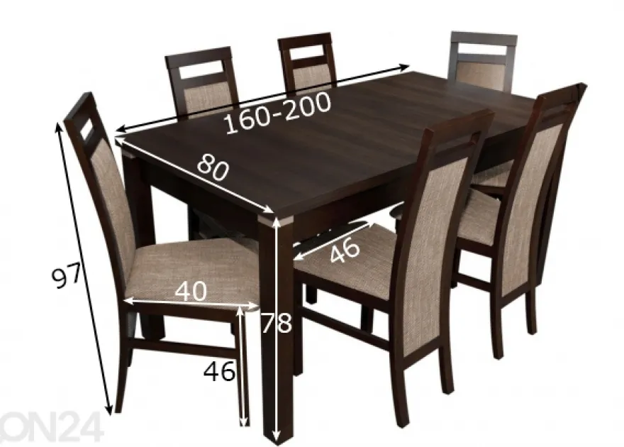 Jatkettava ruokapöytä 80x160-200 cm + 6 tuolia