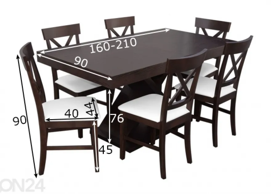Jatkettava ruokapöytä 90x160-210 cm + 6 tuolia
