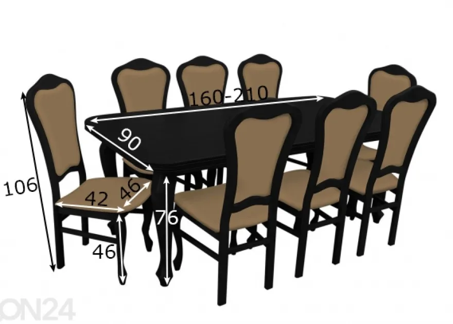 Jatkettava ruokapöytä 90x160-210 cm + 8 tuolia