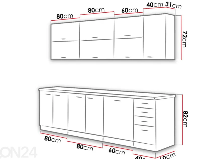 Keittiökalusteet Karmen 260 cm + työtaso
