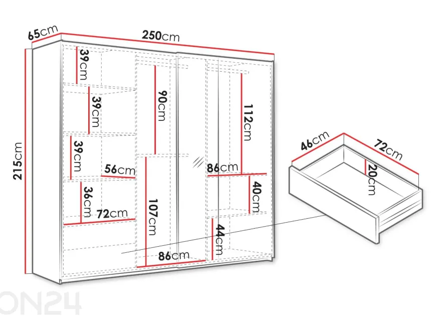 Liukuovellinen vaatekaappi Evora 250 cm