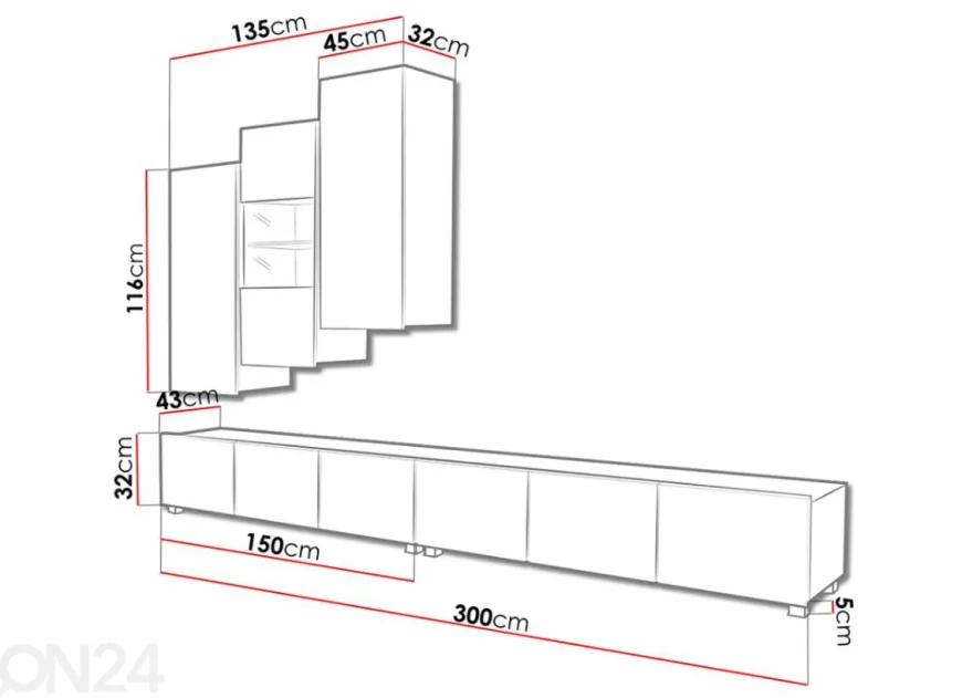 Olohuoneen kalusteryhmä Claudia 300 cm + LED-valaistus
