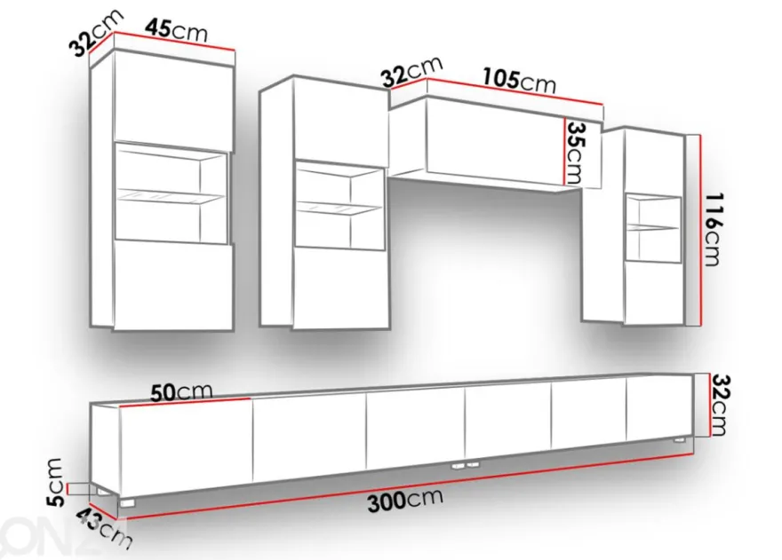Olohuoneen kalusteryhmä Claudia 300 cm + LED-valaistus