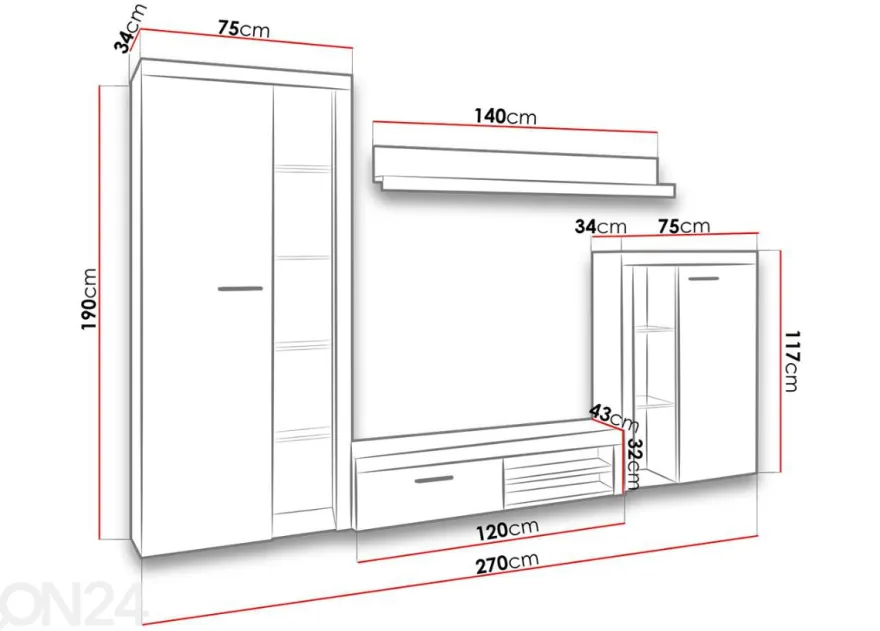 Olohuoneen kalusteryhmä 270 cm