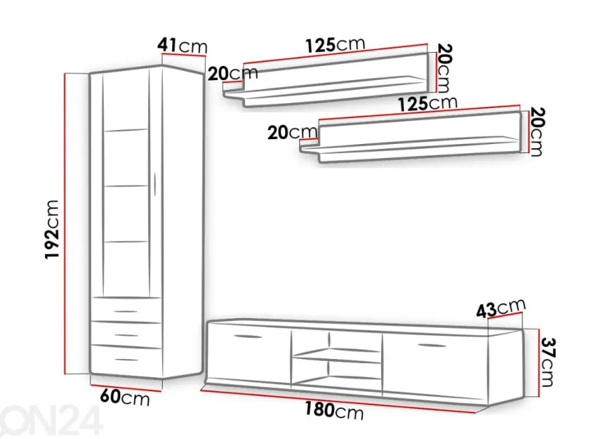 Olohuoneen kalusteryhmä 240 cm + LED valaistus