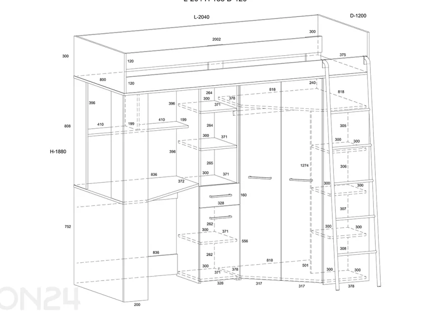 Parvisänky työpöydällä Floor 80x200 cm