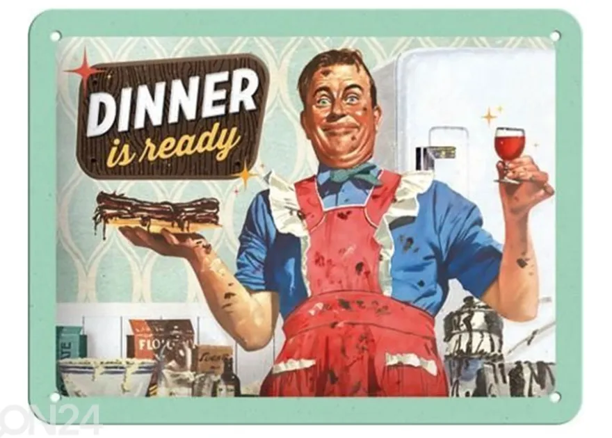 Retro metallitaulu Dinner is ready 15x20 cm