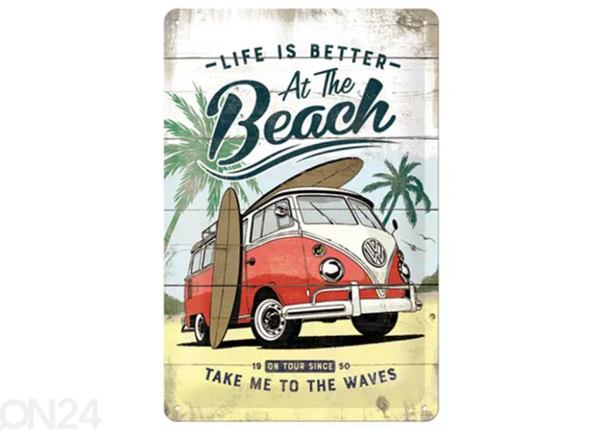 Retro metallitaulu VW Bulli life is Better At The Beach 20x30 cm